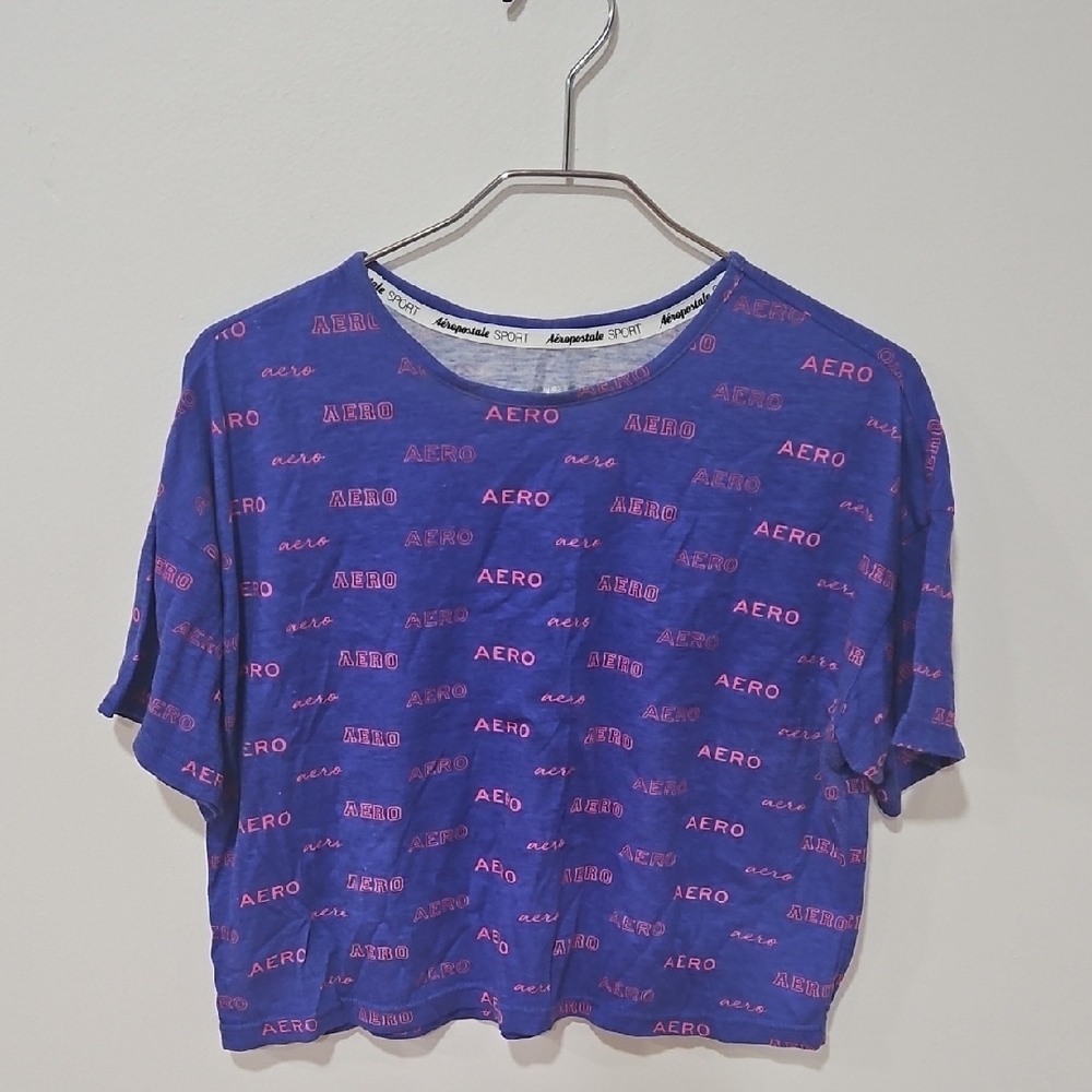 Aeropostale Blue and Purple Short Sleeve Graphic Crop Tee